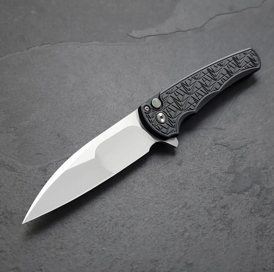 Pro-Tech-Pro-Tech Custom Malibu Nexus (2024 Malibu Custom 001) - 25 Year Anniversary Pattern Milled Handle - Mike Irie Compound Hand Ground Mirror Polish Wharncliffe Blade - Black Pearl Inlaid Push Button - Black DLC Titanium Clip /100-1-Urban Cutlery