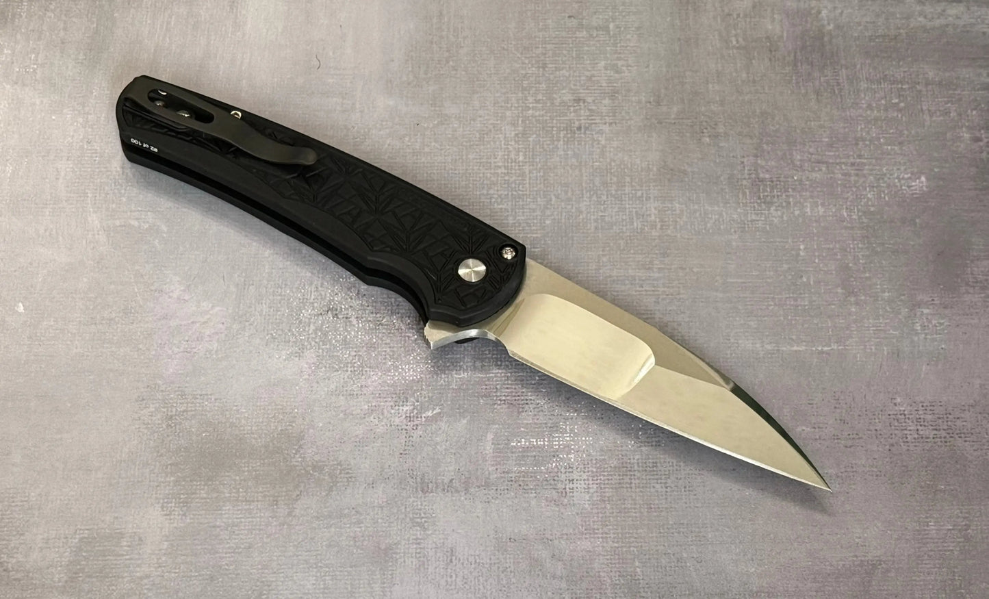 Pro-Tech-Pro-Tech Custom Malibu Nexus (2024 Malibu Custom 001) - 25 Year Anniversary Pattern Milled Handle - Mike Irie Compound Hand Ground Mirror Polish Wharncliffe Blade - Black Pearl Inlaid Push Button - Black DLC Titanium Clip /100-2-Urban Cutlery