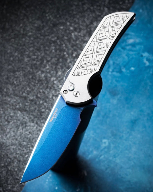Pro-Tech-Pro-Tech Custom Mordax Blade Show Texas 2026 Exclusive (2026 Mordax Custom 001) - "Nexus" Textured Hardened 17-4 Stainless Steel Handle - Sapphire Blue Magnacut Blade - Abalone Push Button /20-1-Urban Cutlery