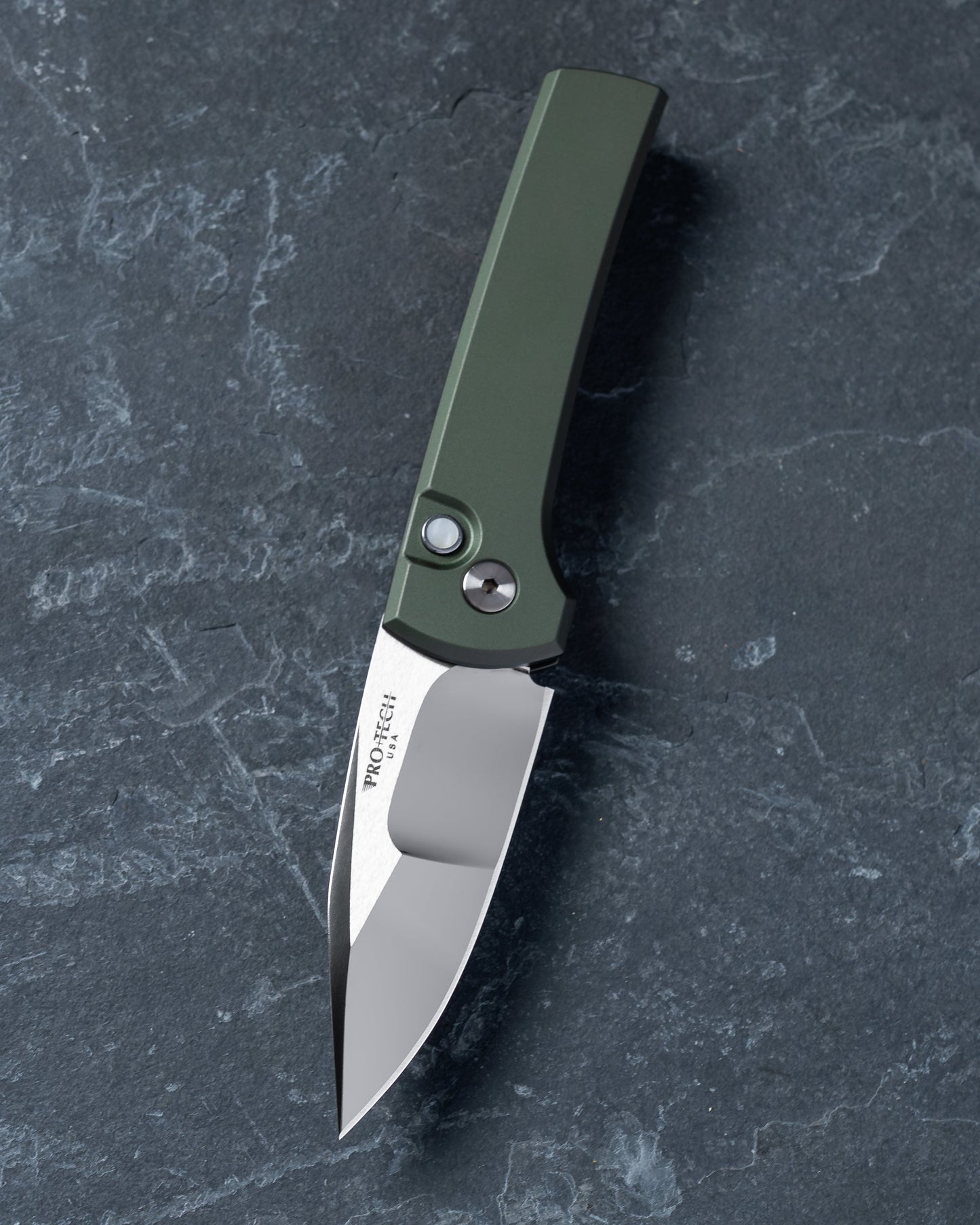 Pro-Tech-Pro-Tech Custom Scapegoat (2026 Scapegoat Compact Custom 003) Auto - Green Handle - Mike Irie Compound Ground Mirror Polish 154CM Blade - Black Lip Pearl Button-1-Urban Cutlery