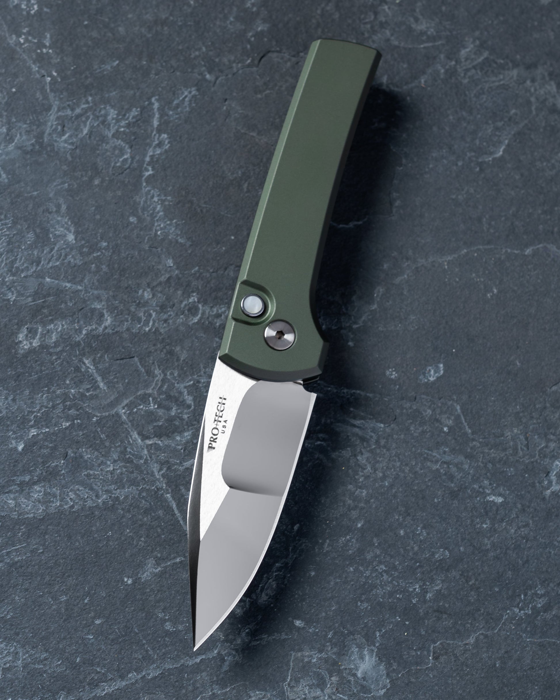 Pro-Tech-Pro-Tech Custom Scapegoat (2026 Scapegoat Compact Custom 003) Auto - Green Handle - Mike Irie Compound Ground Mirror Polish 154CM Blade - Black Lip Pearl Button-1-Urban Cutlery
