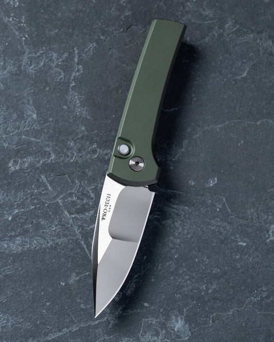 Pro-Tech-Pro-Tech Custom Scapegoat (2026 Scapegoat Compact Custom 003) Auto - Green Handle - Mike Irie Compound Ground Mirror Polish 154CM Blade - Black Lip Pearl Button-1-Urban Cutlery