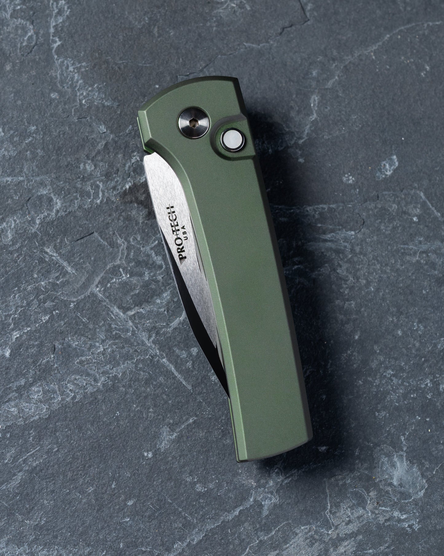 Pro-Tech-Pro-Tech Custom Scapegoat (2026 Scapegoat Compact Custom 003) Auto - Green Handle - Mike Irie Compound Ground Mirror Polish 154CM Blade - Black Lip Pearl Button-2-Urban Cutlery