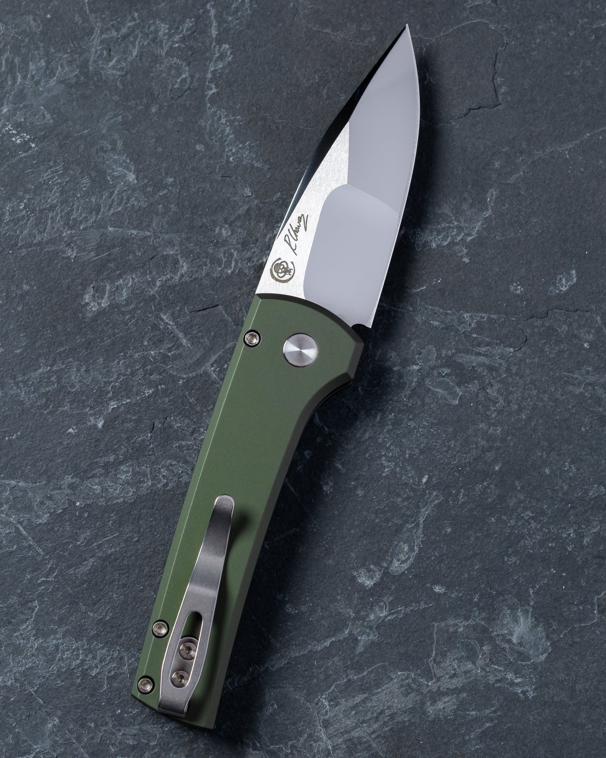 Pro-Tech-Pro-Tech Custom Scapegoat (2026 Scapegoat Compact Custom 003) Auto - Green Handle - Mike Irie Compound Ground Mirror Polish 154CM Blade - Black Lip Pearl Button-3-Urban Cutlery