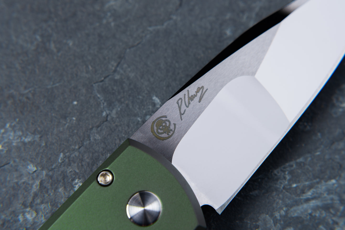 Pro-Tech-Pro-Tech Custom Scapegoat (2026 Scapegoat Compact Custom 003) Auto - Green Handle - Mike Irie Compound Ground Mirror Polish 154CM Blade - Black Lip Pearl Button-4-Urban Cutlery