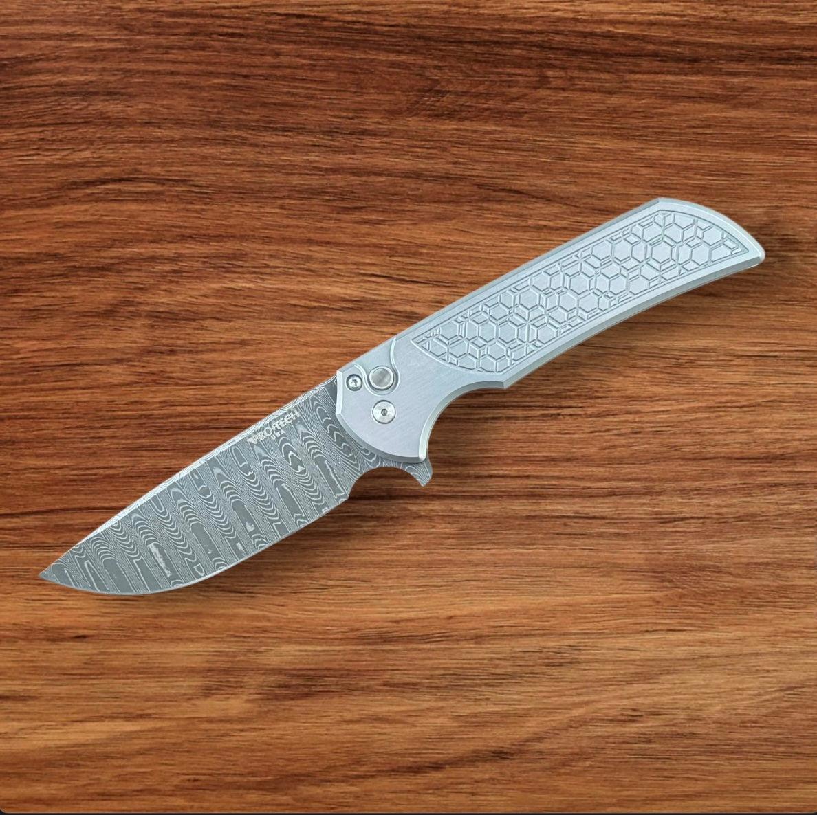 Pro-Tech-Pro-Tech Custom Steel Gridlock Mordax 003 - "Gridlock" Handle - Vegas Forge "Sharks Tooth" Damascus Blade - Black Lip Pearl Push Button - Mini Deep Carry Clip-1-Urban Cutlery