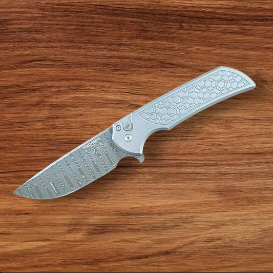 Pro-Tech-Pro-Tech Custom Steel Gridlock Mordax 003 - "Gridlock" Handle - Vegas Forge "Sharks Tooth" Damascus Blade - Black Lip Pearl Push Button - Mini Deep Carry Clip-1-Urban Cutlery