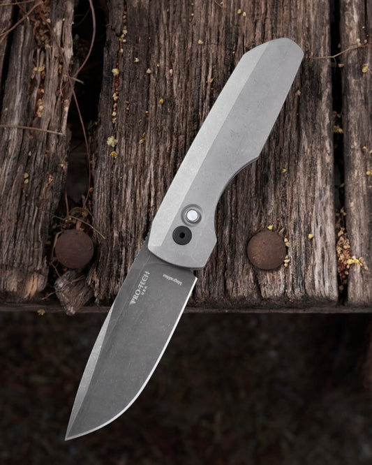 Pro-Tech-Pro-Tech Custom Vero Synapse 2 (2026 Synapse Custom 003) Auto - 2-Tone Blasted/Tumbled Hardened 17-4 Steel Handle - Acid Wash MAGNAMAX Blade - White Pearl Button - Black Hardware - DLC Black Machined Clip-1-Urban Cutlery
