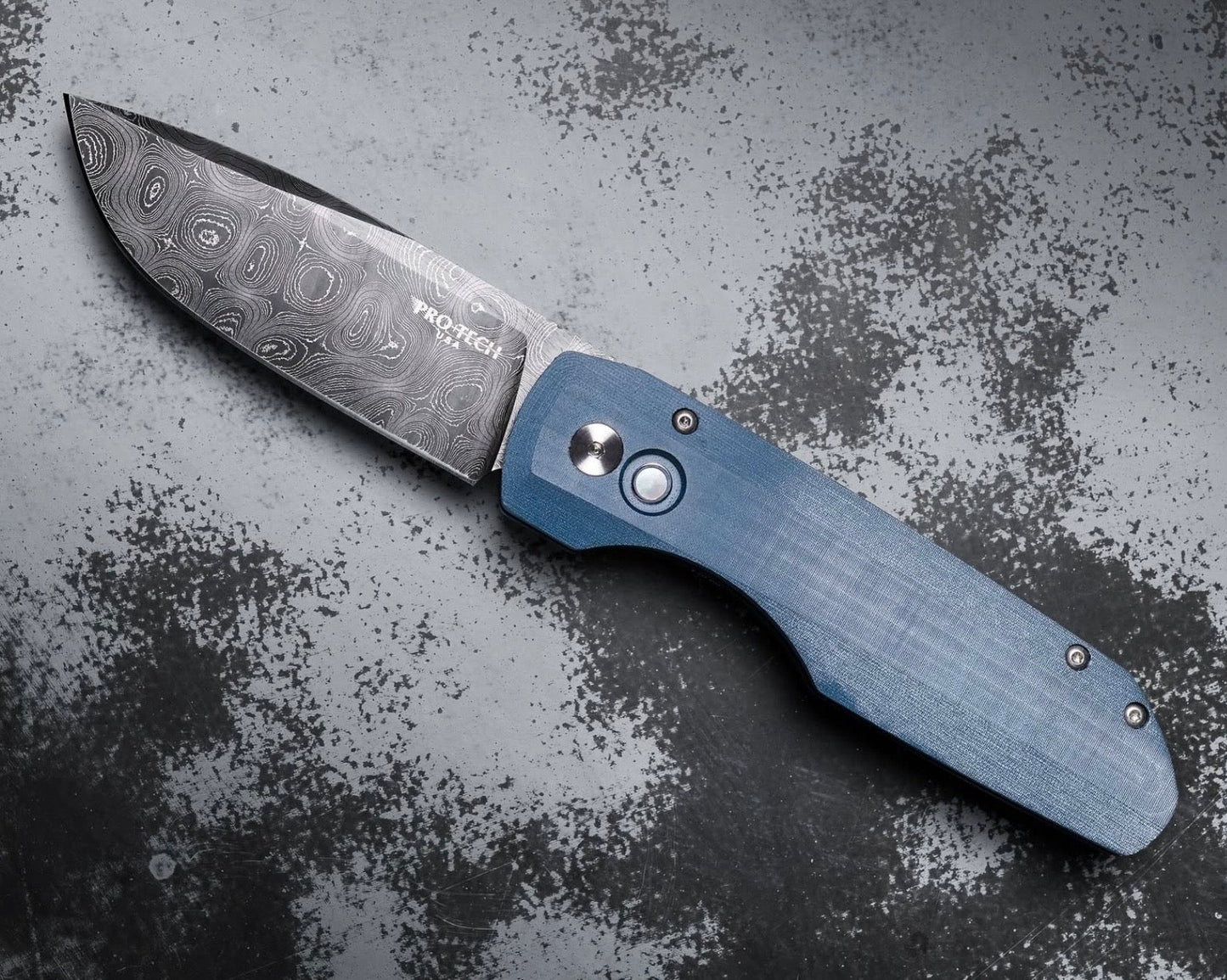 Pro-Tech-Pro-Tech Custom Vero Synapse (2025 Synapse Custom 003) Auto - Black Aluminum and Blue Linen Micarta Handle - Chad Nichols Virus Damascus Blade - White Pearl Button - Satin Hardware - DLC Black Clip /50-1-Urban Cutlery