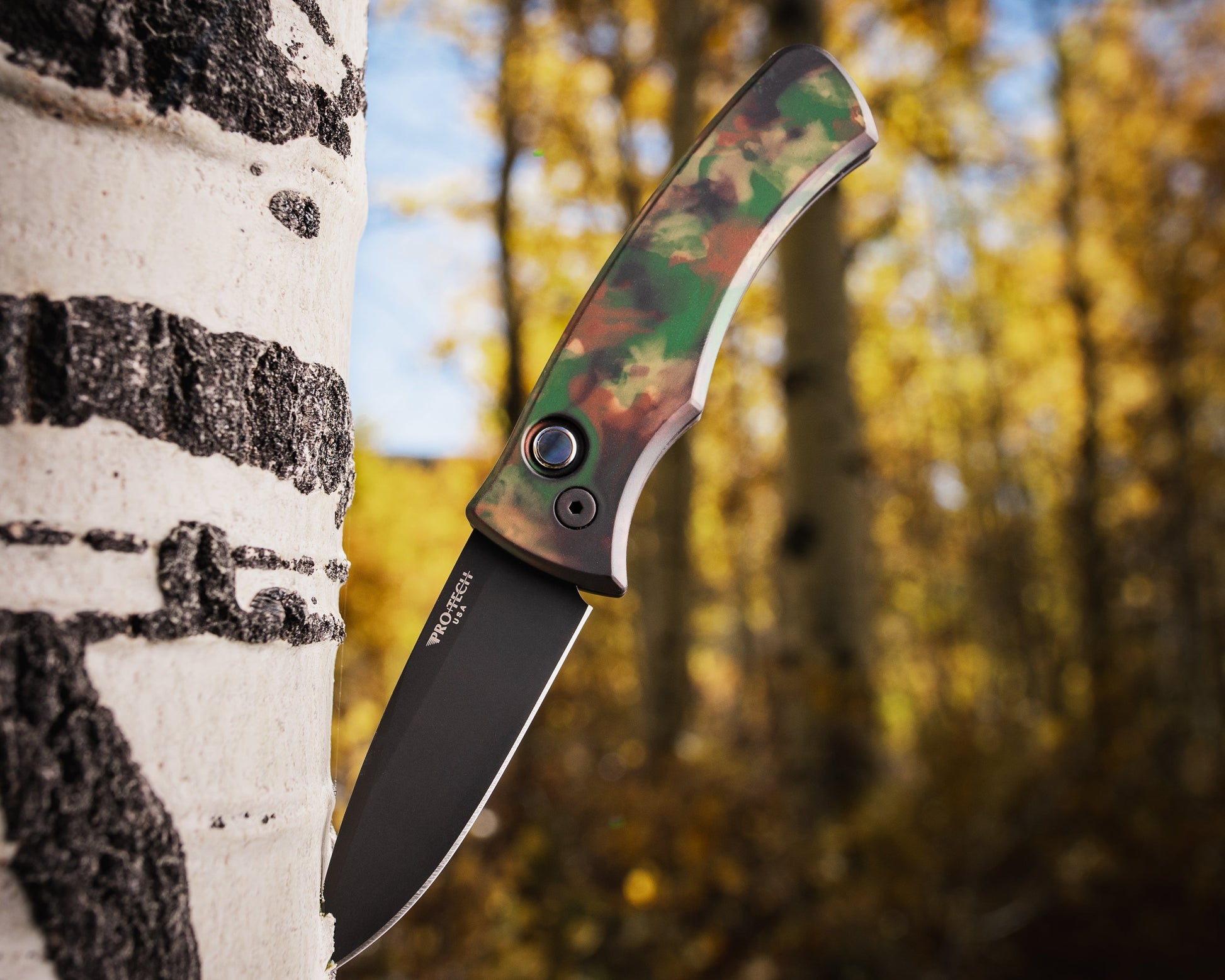 Pro-Tech-Pro-Tech DUKE2103.WOODLAND Duke AUTO - WOODLAND CAMO custom anodized 6061 Aluminum Handle - DLC Black Magnacut Blade - Black Lip Pearl Button - Black Hardware - Black Clip-1-Urban Cutlery