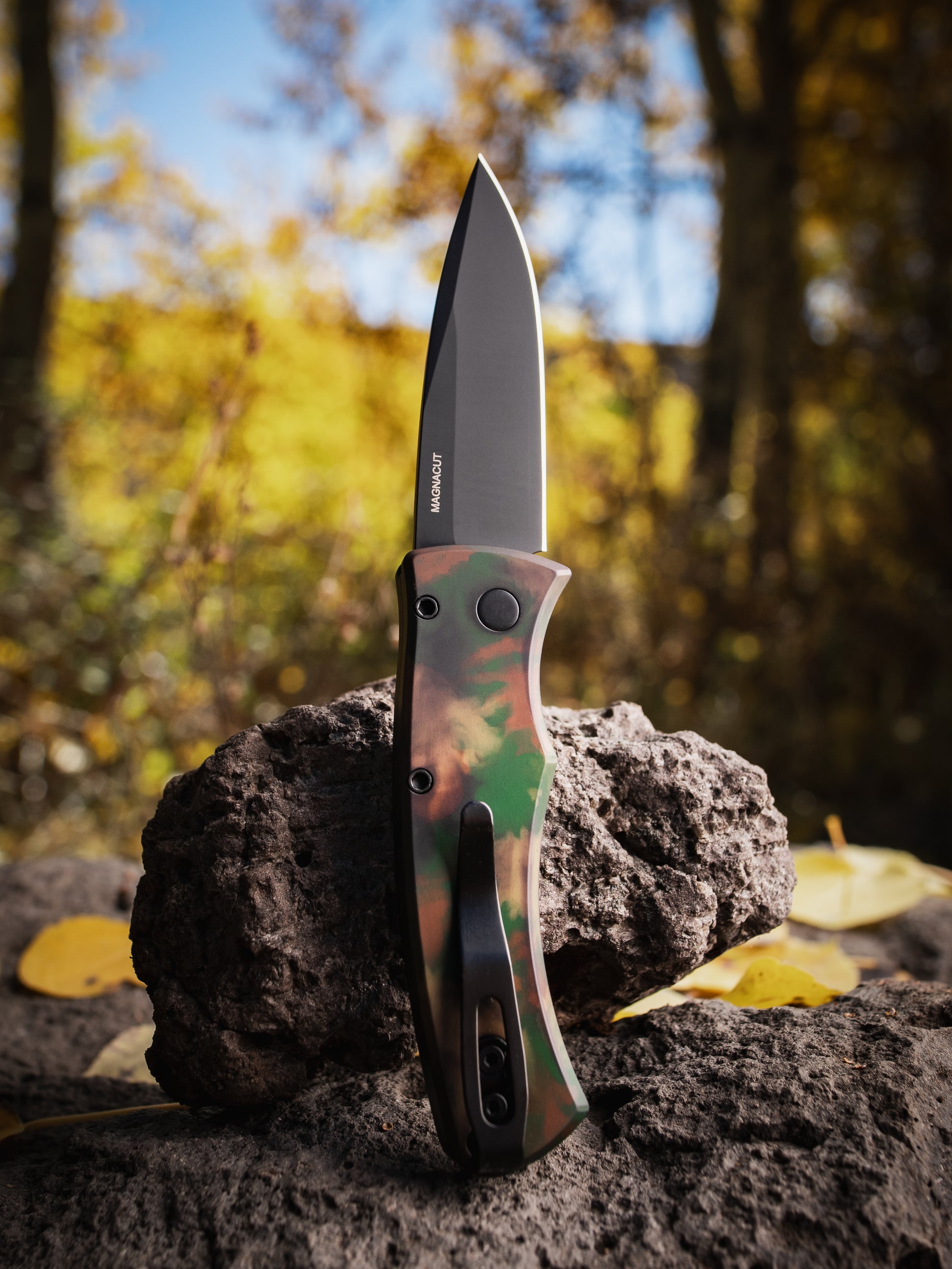 Pro-Tech-Pro-Tech DUKE2103.WOODLAND Duke AUTO - WOODLAND CAMO custom anodized 6061 Aluminum Handle - DLC Black Magnacut Blade - Black Lip Pearl Button - Black Hardware - Black Clip-3-Urban Cutlery