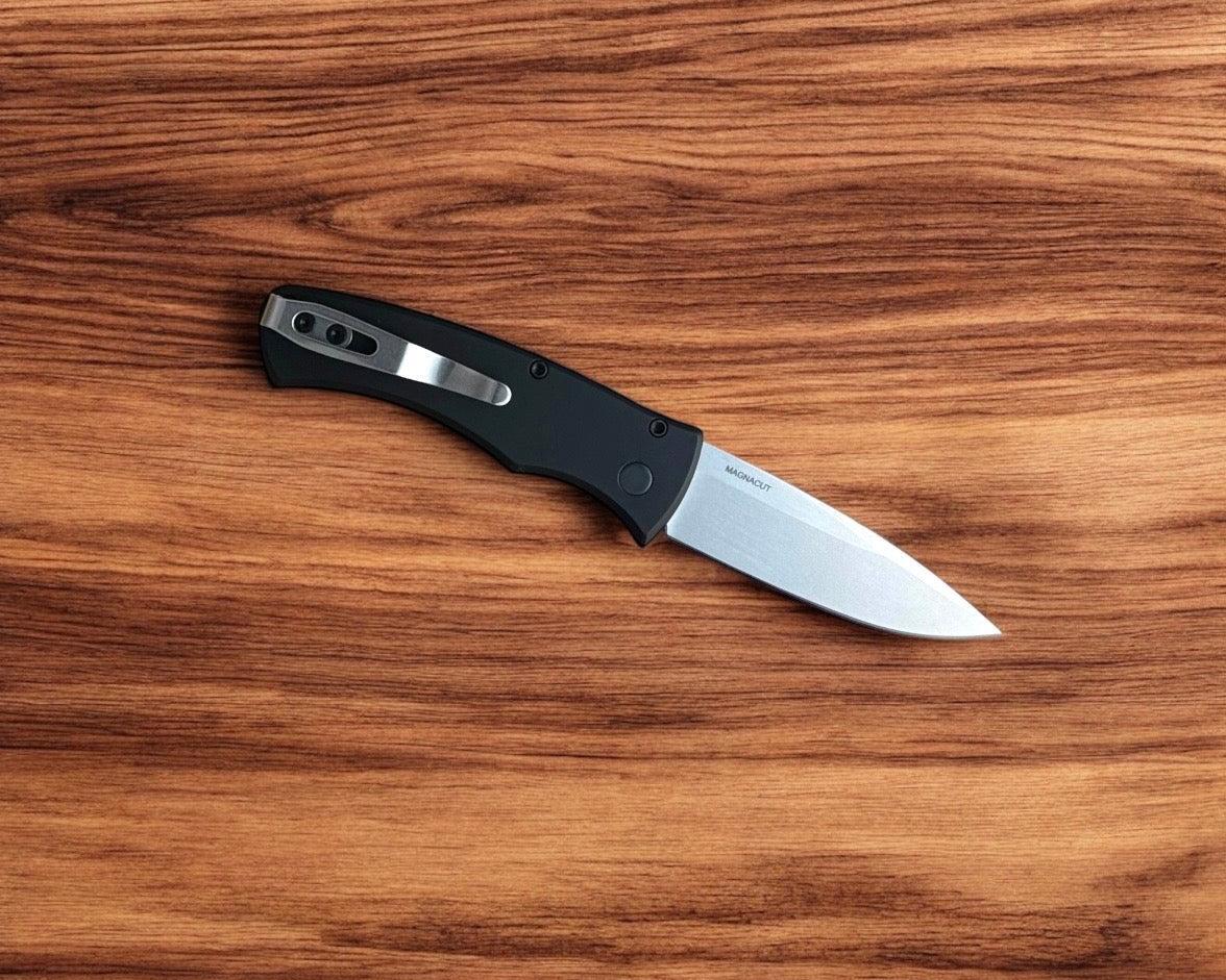 Pro-Tech-Pro-Tech DUKE.Unique.Micarta Duke AUTO - Black 6061 Aluminum Handle w/ Custom Unique Micarta Inlay - Magnacut Blade - Unique Button #1-3-Urban Cutlery