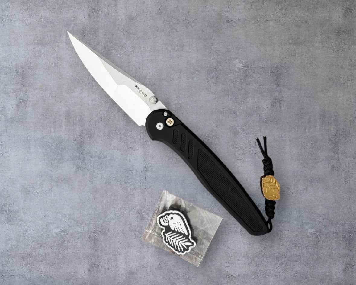 Pro-Tech-Pro-Tech Duke x Peace Neighbor Avalon 1st Production - Textured Black 6061 Aluminum Handle - Polished Mike Irie Compound Ground 154CM Blade - Mosaic Button - Peace Neighbor Bead & Patch Included-1-Urban Cutlery