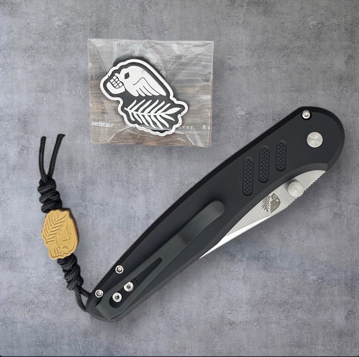 Pro-Tech-Pro-Tech Duke x Peace Neighbor Avalon 1st Production - Textured Black 6061 Aluminum Handle - Polished Mike Irie Compound Ground 154CM Blade - Mosaic Button - Peace Neighbor Bead & Patch Included-3-Urban Cutlery