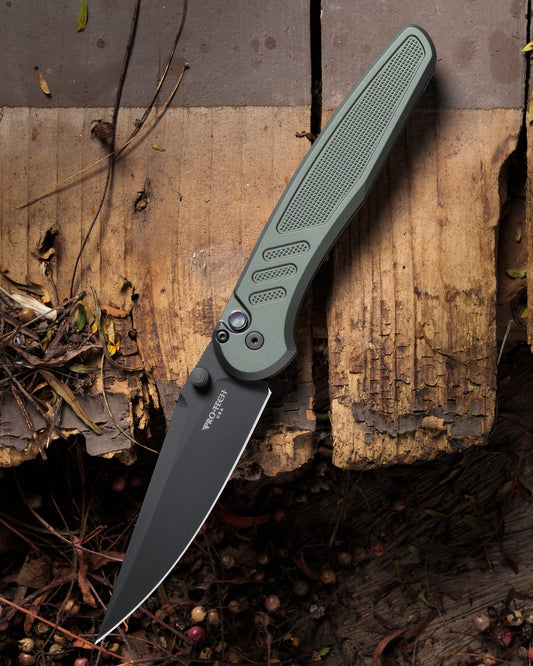 Pro-Tech-Pro-Tech Duke x Peace Neighbor BST26.Avalon.1 Blade Show Texas 26 Exclusive - Knurled Green 6061 Aluminum Handle - DLC Black Magnacut Blade - Black Lip Pearl Button-1-Urban Cutlery