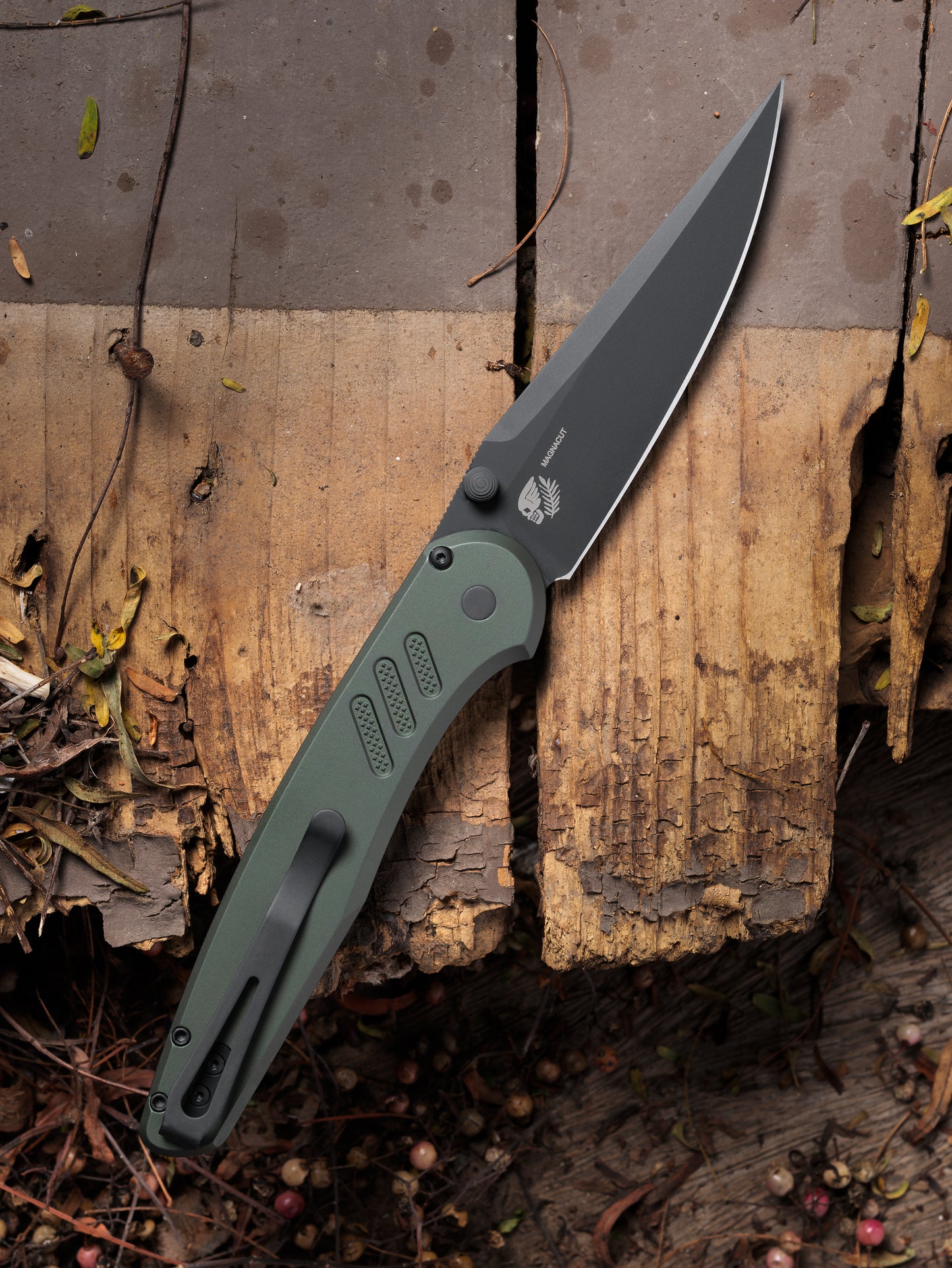 Pro-Tech-Pro-Tech Duke x Peace Neighbor BST26.Avalon.1 Blade Show Texas 26 Exclusive - Knurled Green 6061 Aluminum Handle - DLC Black Magnacut Blade - Black Lip Pearl Button-2-Urban Cutlery
