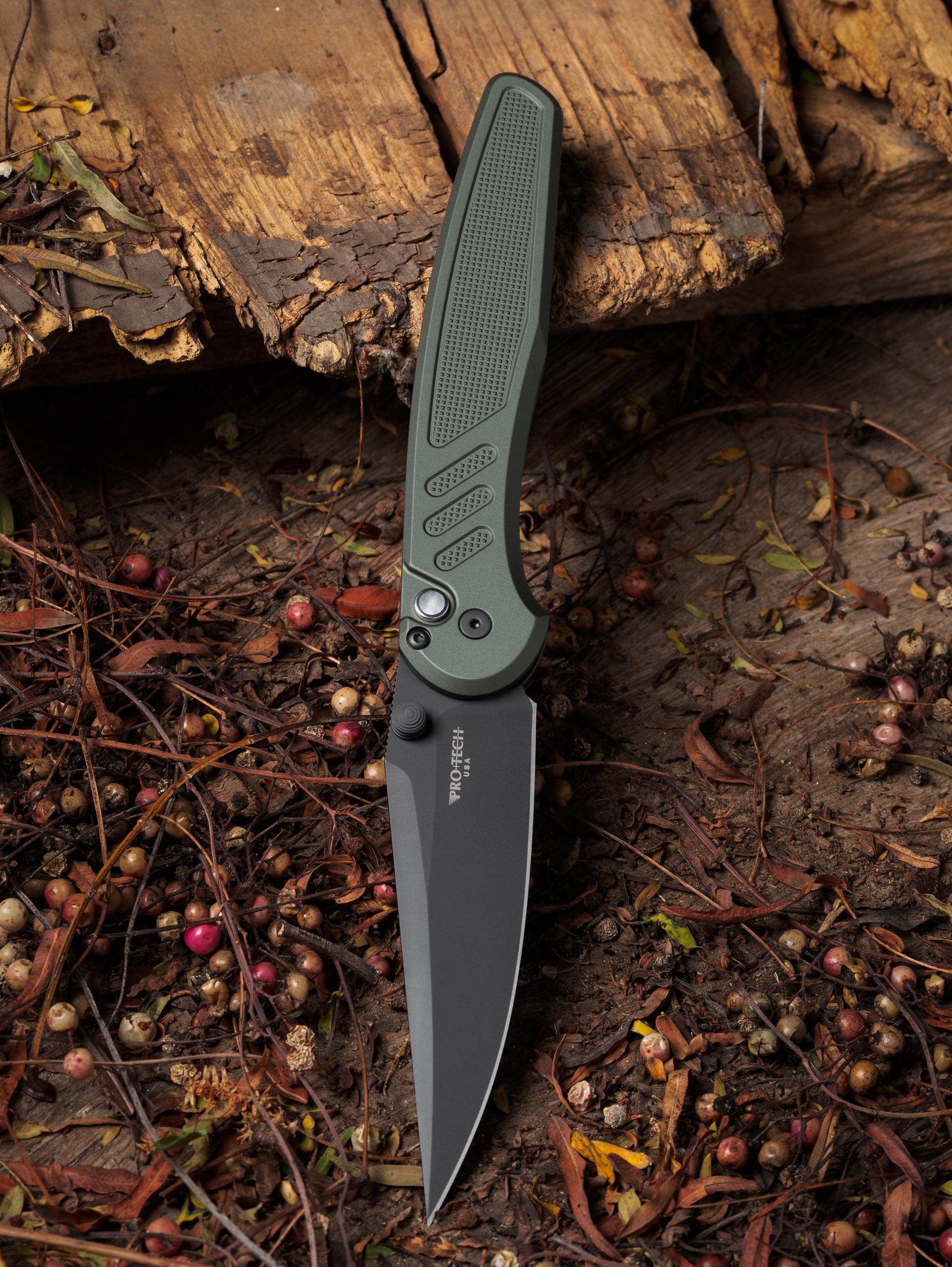 Pro-Tech-Pro-Tech Duke x Peace Neighbor BST26.Avalon.1 Blade Show Texas 26 Exclusive - Knurled Green 6061 Aluminum Handle - DLC Black Magnacut Blade - Black Lip Pearl Button-4-Urban Cutlery