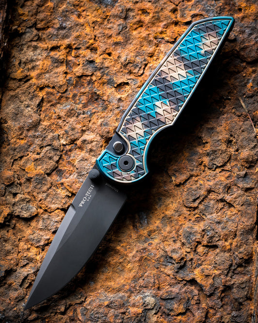 Pro-Tech-Pro-Tech INT106.SHIPWRECK TR-3 INTEGRITY Manual - Relic Textured "Shipwreck" Anodized Handle - DLC Black Magnacut Blade - Black Lip Pearl Button - Black Wide Deep Carry Clip-1-Urban Cutlery