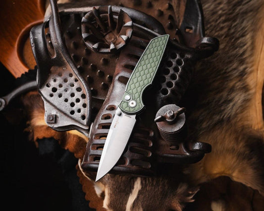 Pro-Tech-Pro-Tech INT1105.LTD.BW.REPTILE.Green TR-3 INTEGRITY Manual - Battleworn REPTILE Textured Green Handle - Machine Satin MAGNACUT Blade - Black Lip Pearl Button - Satin Hardware-1-Urban Cutlery