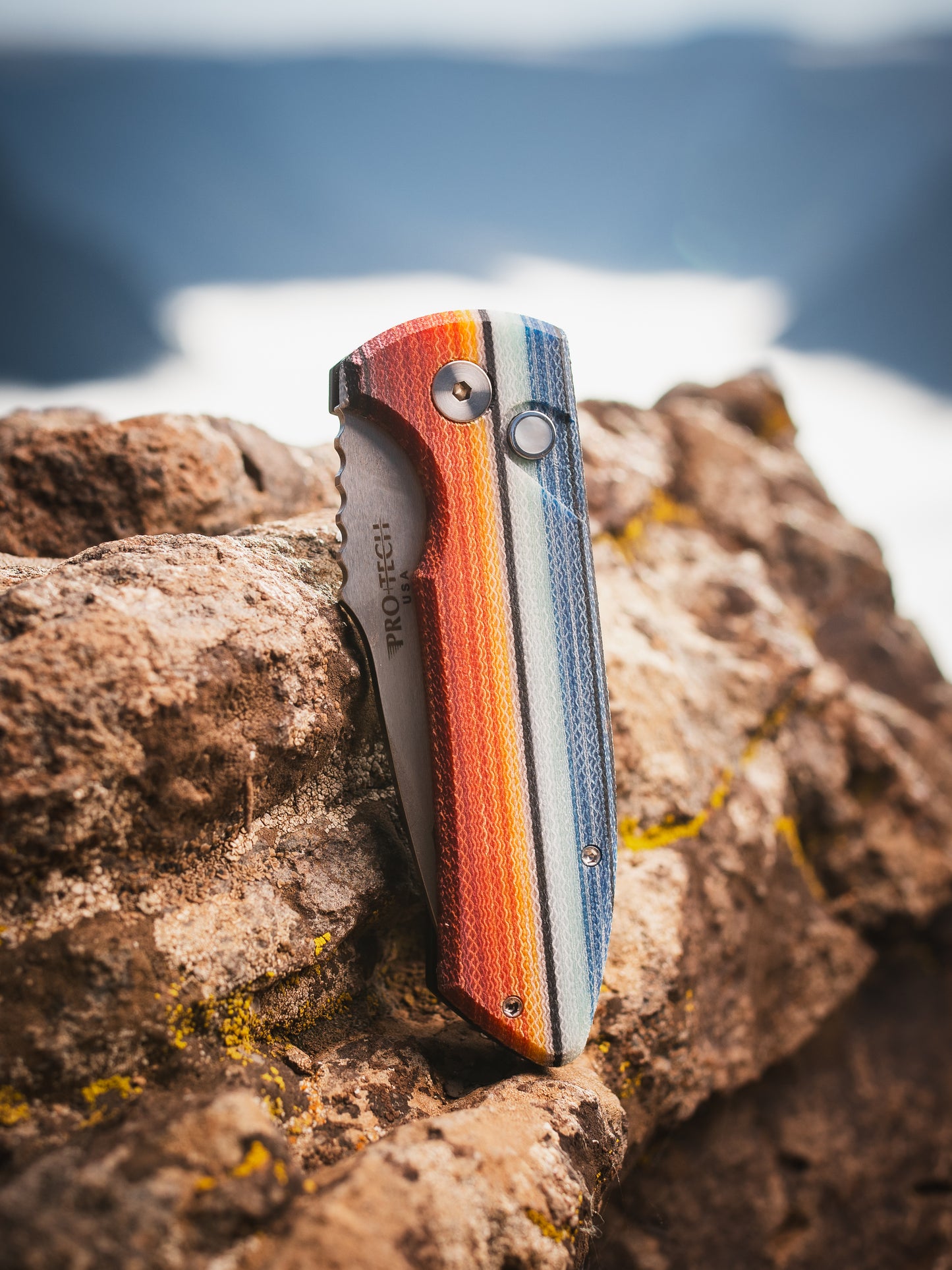 Pro-Tech-Pro-Tech LG421.Mex.Blanket Les George SBR AUTO - Custom "Mexican Blanket" Micarta Handle - Stonewash s35vn Blade - White Pearl Button-3-Urban Cutlery