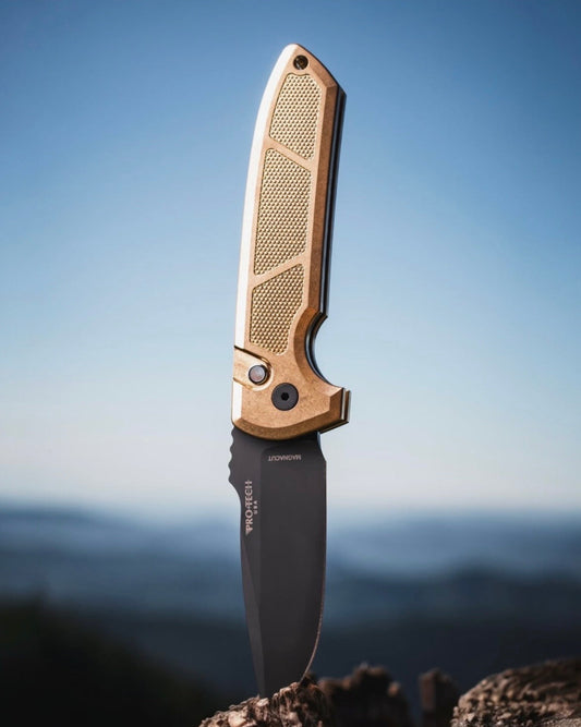 Pro-Tech-Pro-Tech Les George LG3136 Rockeye AUTO - Textured AlBronze Handle - DLC Black Magnacut Blade - MOP Button - Black Hardware-1-Urban Cutlery