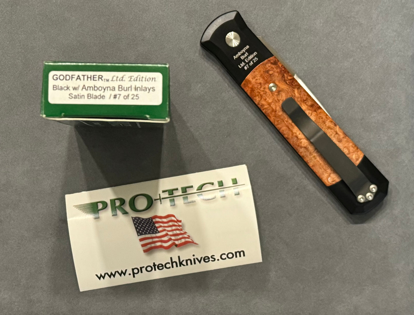 Pro-Tech-Pro-Tech Limited Edition Godfather - Black w/ Amboyna Burl Inlays - Satin Blade #7 of 25 - Brand New-5-Urban Cutlery