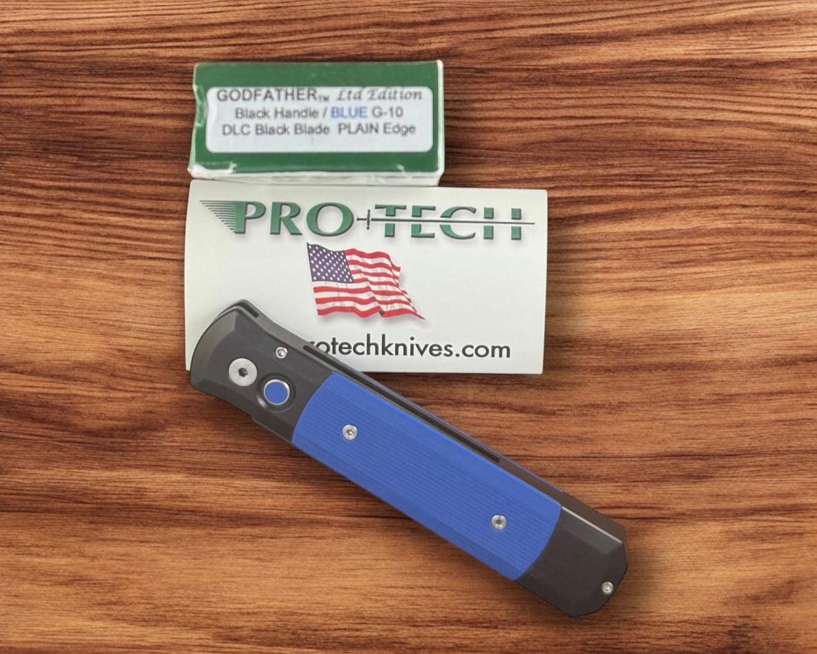 Pro-Tech-Pro-Tech Ltd Edition Godfather AUTO - Black Aluminum and Blue G10 Handle - DLC Black 154CM Blade-5-Urban Cutlery
