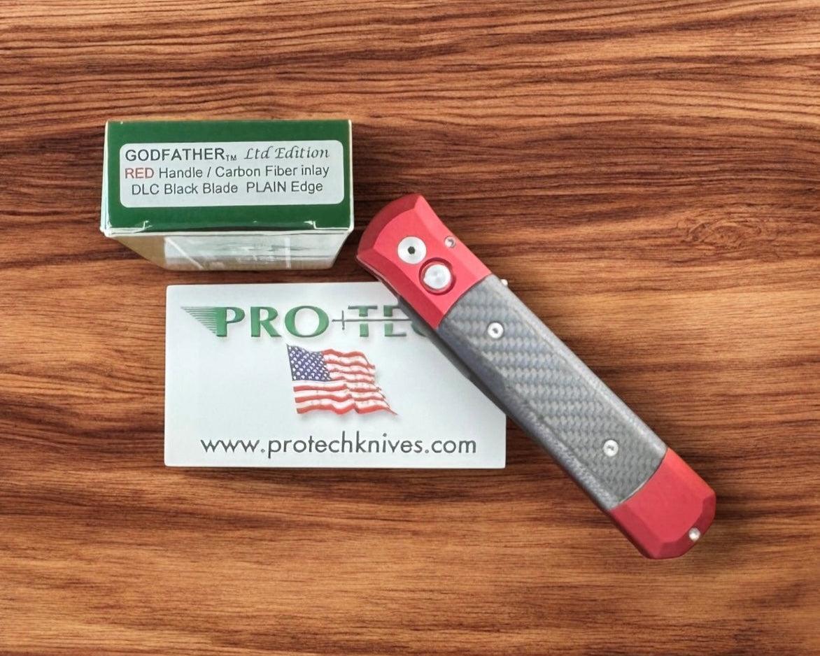 Pro-Tech-Pro-Tech Ltd Edition Godfather AUTO - Red Aluminum and Black Carbon Fiber Handle - DLC Black 154CM Blade-5-Urban Cutlery