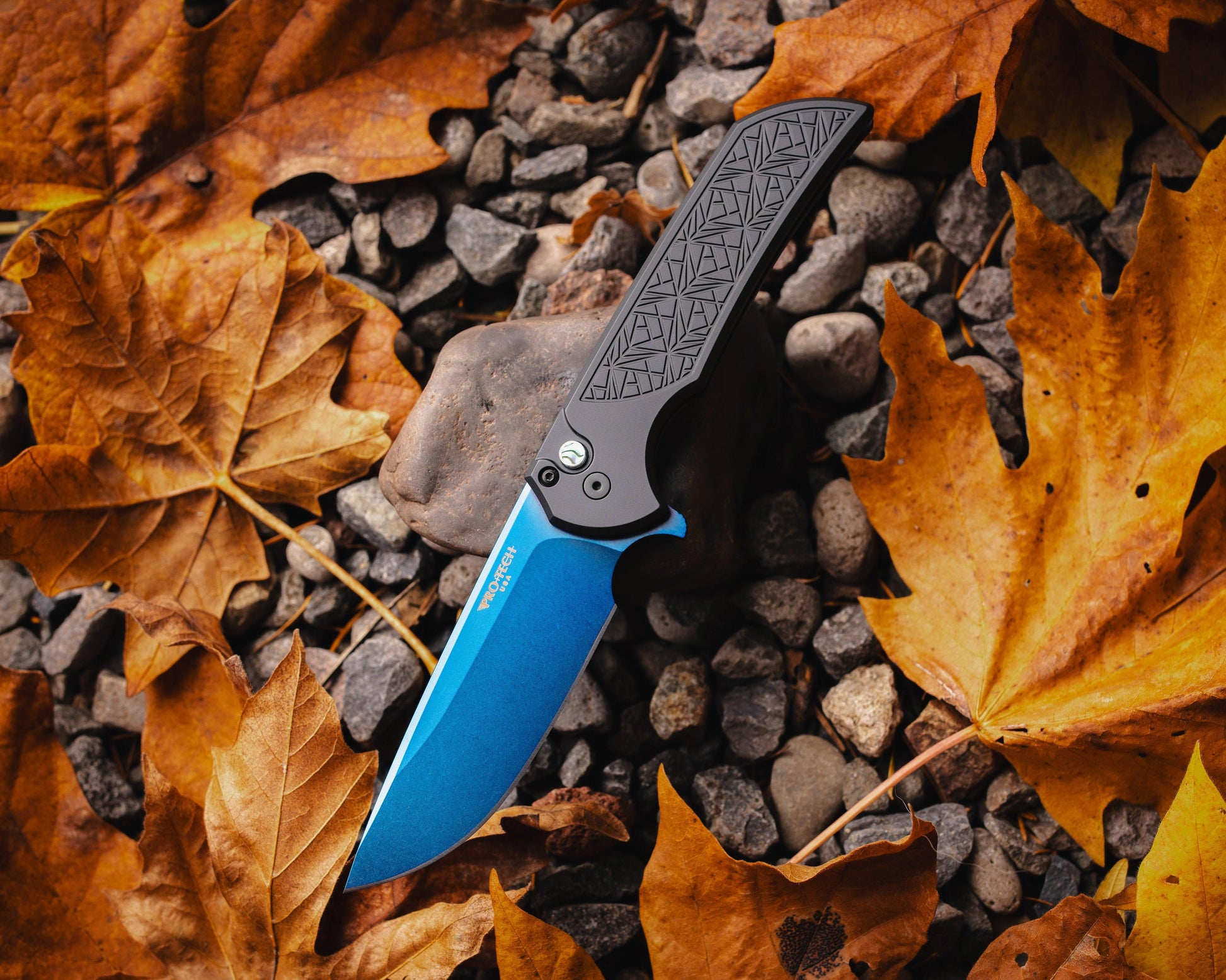 Pro-Tech-Pro-Tech MX106.SB NEXUS Mordax - "Nexus" Textured Black Handle - Sapphire Blue Magnacut Blade - Abalone Button - DLC Black Mini Deep Carry Clip-1-Urban Cutlery