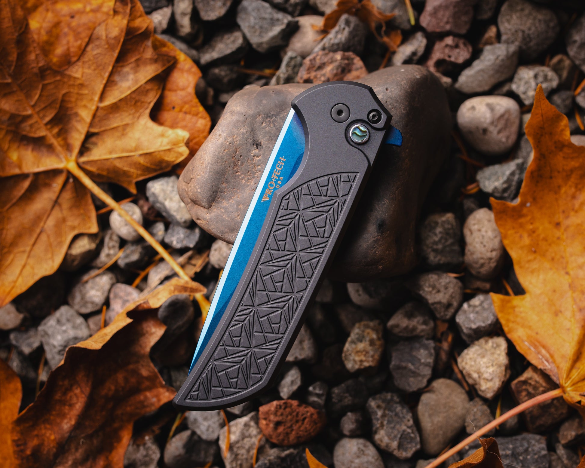 Pro-Tech-Pro-Tech MX106.SB NEXUS Mordax - "Nexus" Textured Black Handle - Sapphire Blue Magnacut Blade - Abalone Button - DLC Black Mini Deep Carry Clip-2-Urban Cutlery