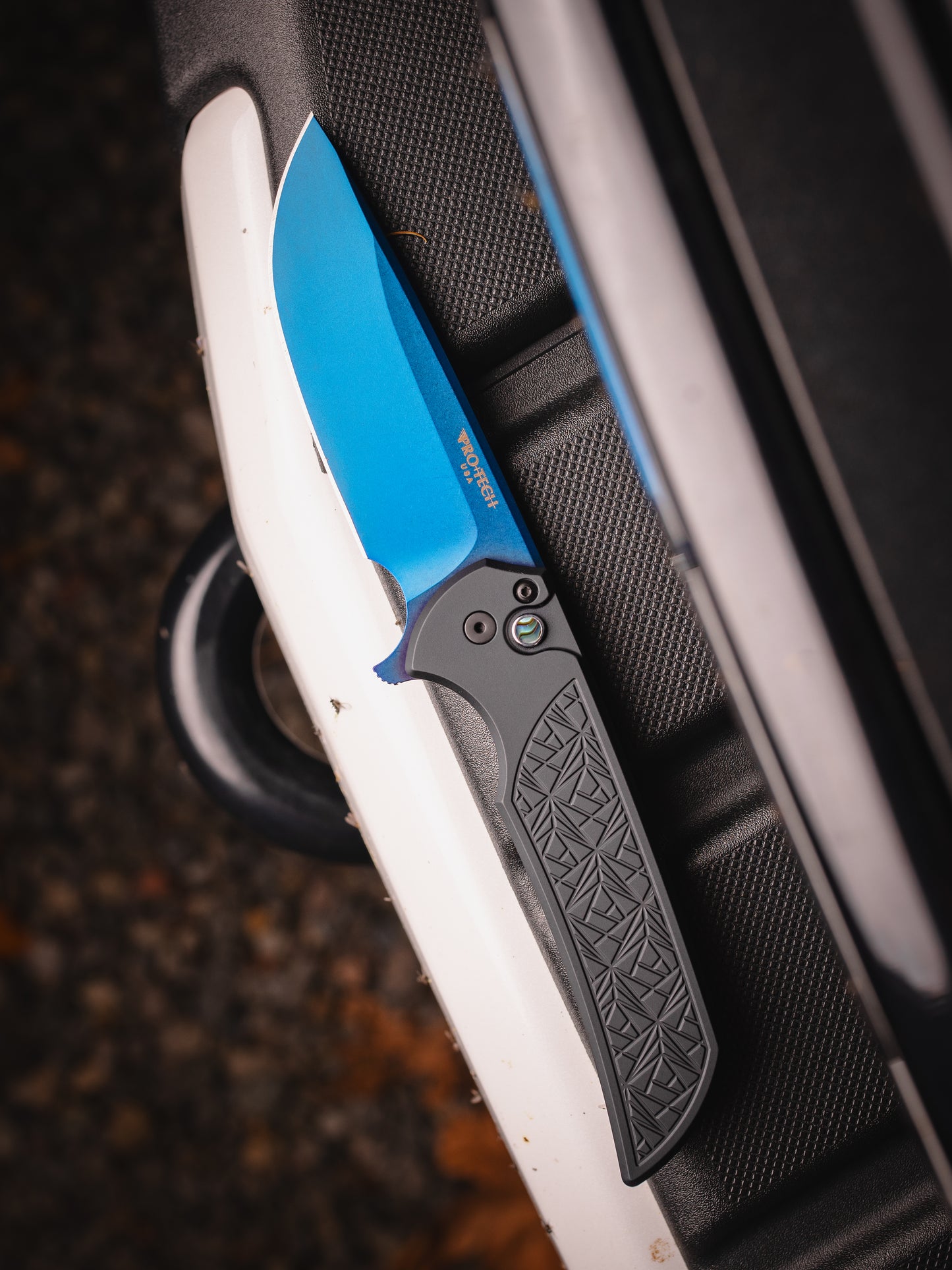 Pro-Tech-Pro-Tech MX106.SB NEXUS Mordax - "Nexus" Textured Black Handle - Sapphire Blue Magnacut Blade - Abalone Button - DLC Black Mini Deep Carry Clip-4-Urban Cutlery
