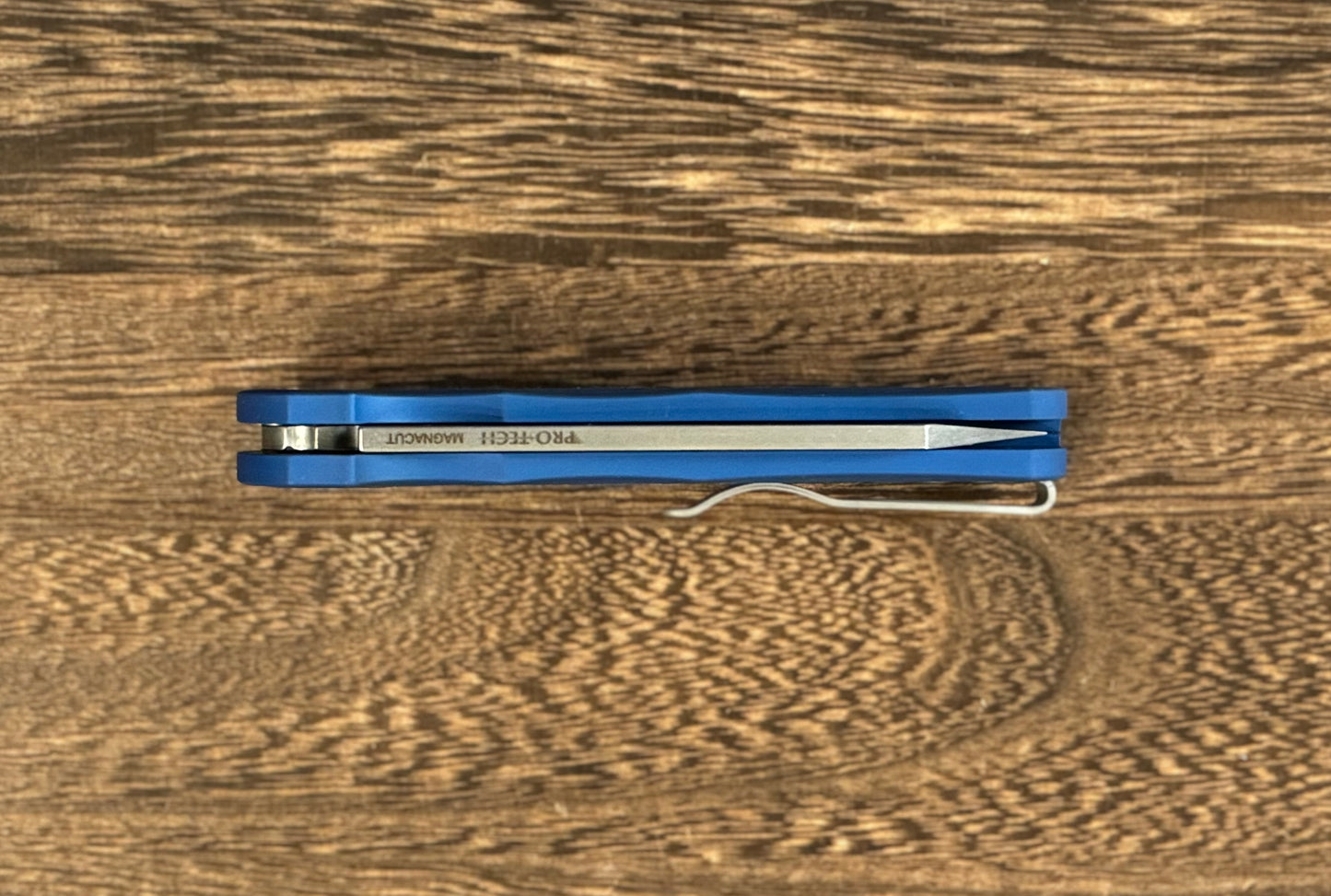 Pro-Tech-Pro-Tech Malibu "Nexus" - Blue 25 Year Anniversary Pattern Milled Handle - Stonewash Reverse Tanto Blade - MOP Inlaid Push Button - Blasted Hardware - (5405-BLUE NEXUS)-5-Urban Cutlery