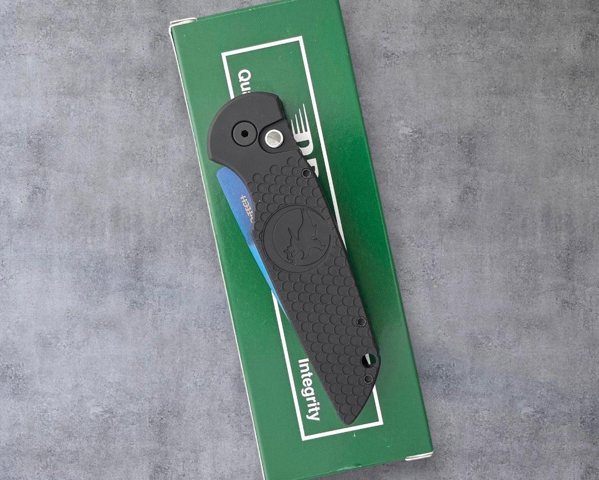 Pro-Tech-Pro-Tech NHC TR-3 Auto "Factory Seconds" - Nighthawk Custom Dimples & Moon Hawk Logo, Black Double Stack Anodized Aluminum Handle - Black Lip Pearl Button - Sapphire Blue PVD 154CM Blade-1-Urban Cutlery