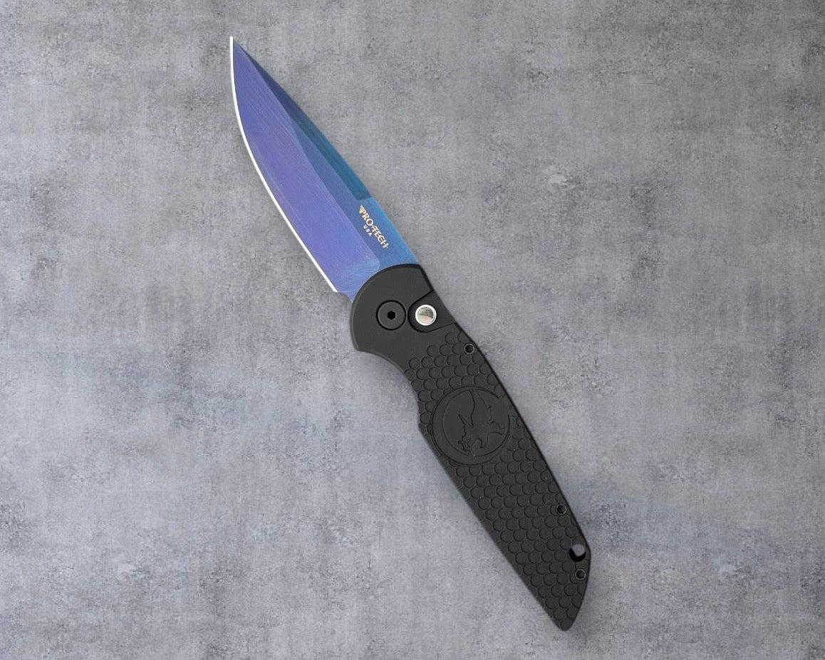 Pro-Tech-Pro-Tech NHC TR-3 Auto "Factory Seconds" - Nighthawk Custom Dimples & Moon Hawk Logo, Black Double Stack Anodized Aluminum Handle - Black Lip Pearl Button - Sapphire Blue PVD 154CM Blade-2-Urban Cutlery