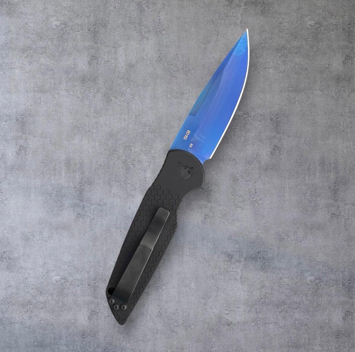 Pro-Tech-Pro-Tech NHC TR-3 Auto "Factory Seconds" - Nighthawk Custom Dimples & Moon Hawk Logo, Black Double Stack Anodized Aluminum Handle - Black Lip Pearl Button - Sapphire Blue PVD 154CM Blade-3-Urban Cutlery