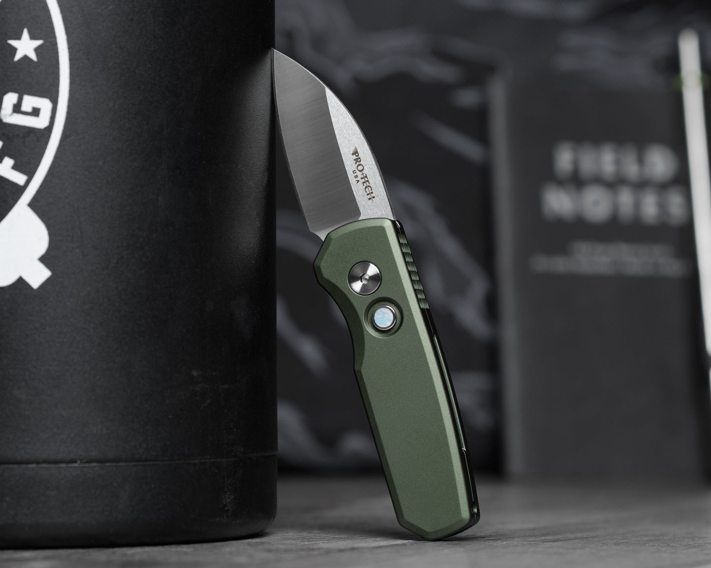 Pro-Tech-Pro-Tech R5300.LTD.Green Runt AUTO - Smooth Green Handle - Machine Satin MAGNACUT Wharncliffe Blade - Pearl Button - Satin Hardware-4-Urban Cutlery