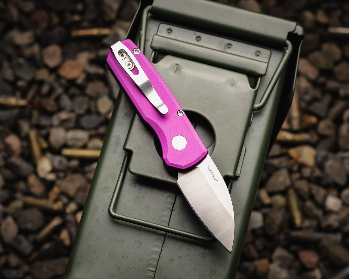 Pro-Tech-Pro-Tech R5300.LTD.Purple Runt AUTO - Smooth Purple Handle - Machine Satin MAGNACUT Wharncliffe Blade - Pearl Button - Satin Hardware-3-Urban Cutlery