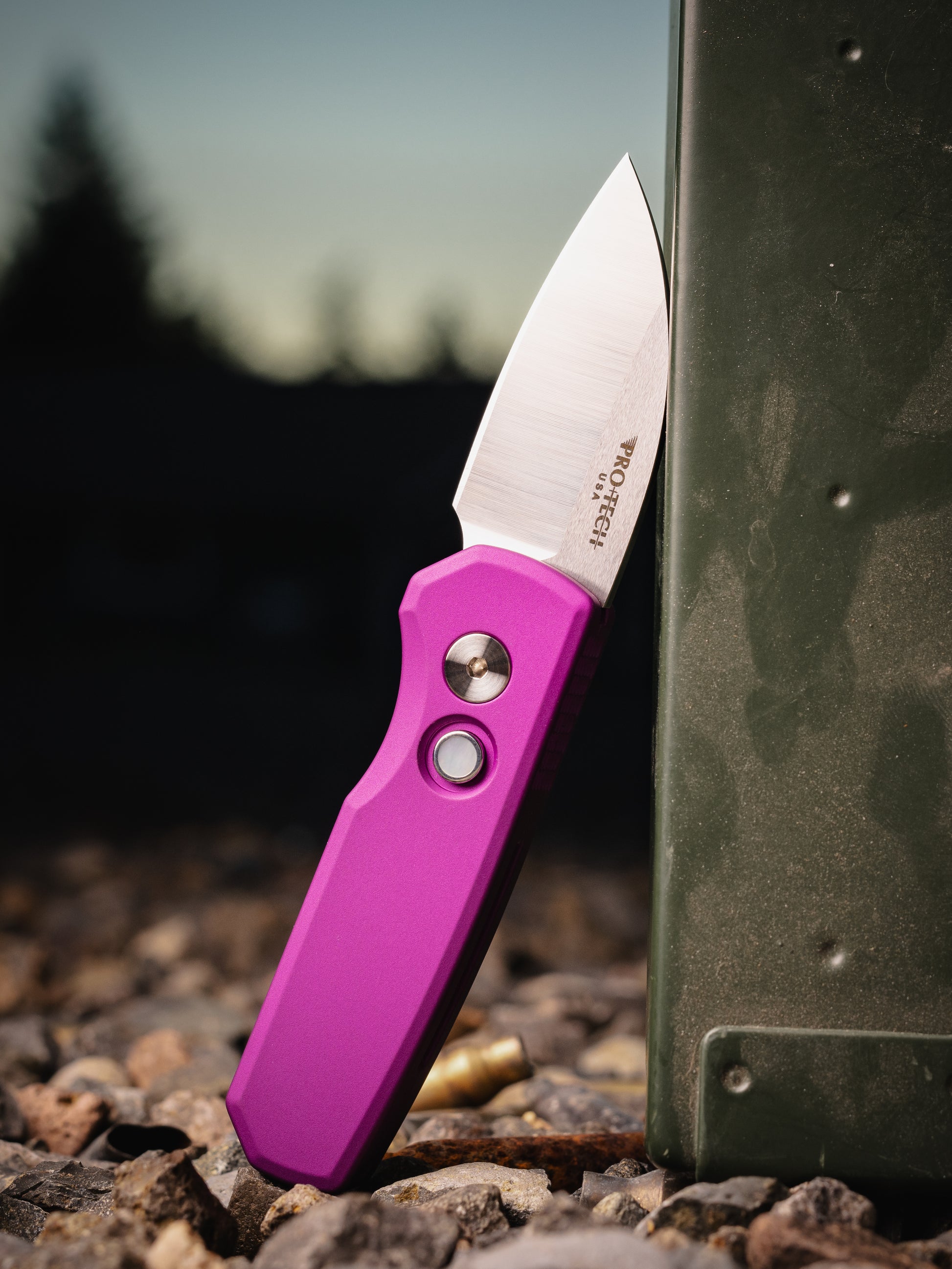 Pro-Tech-Pro-Tech R5300.LTD.Purple Runt AUTO - Smooth Purple Handle - Machine Satin MAGNACUT Wharncliffe Blade - Pearl Button - Satin Hardware-4-Urban Cutlery