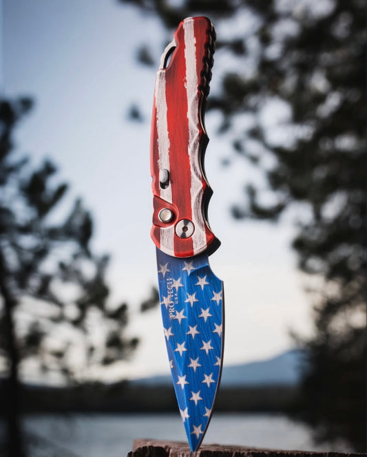 Pro-Tech-Pro-Tech T501.PATRIOT Blade Show Atlanta 26 Exclusive TR-5 AUTO - PATRIOT USA Flag Themed Cerakote Handle and Blade - S35 Blade Steel - Gold Lip Pearl Button - Secondary Slide Safety /175-1-Urban Cutlery