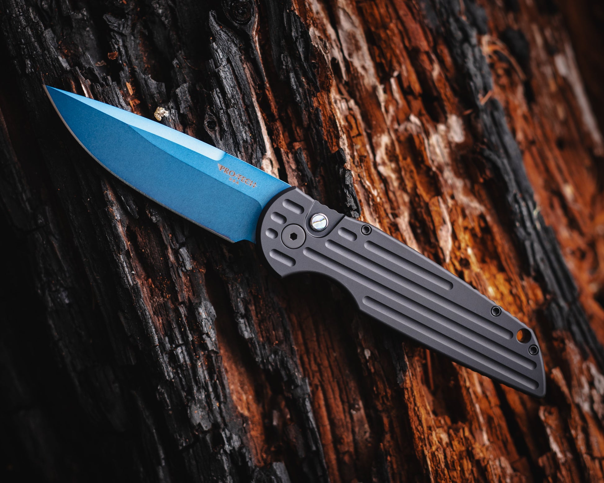 Pro-Tech-Pro-Tech TR-3.SB.MC TR-3 Tactical Response AUTO - Black w/ Groove Texture Handle - Sapphire MAGNACUT Blade - Abalone Button - All Black Hardware-1-Urban Cutlery