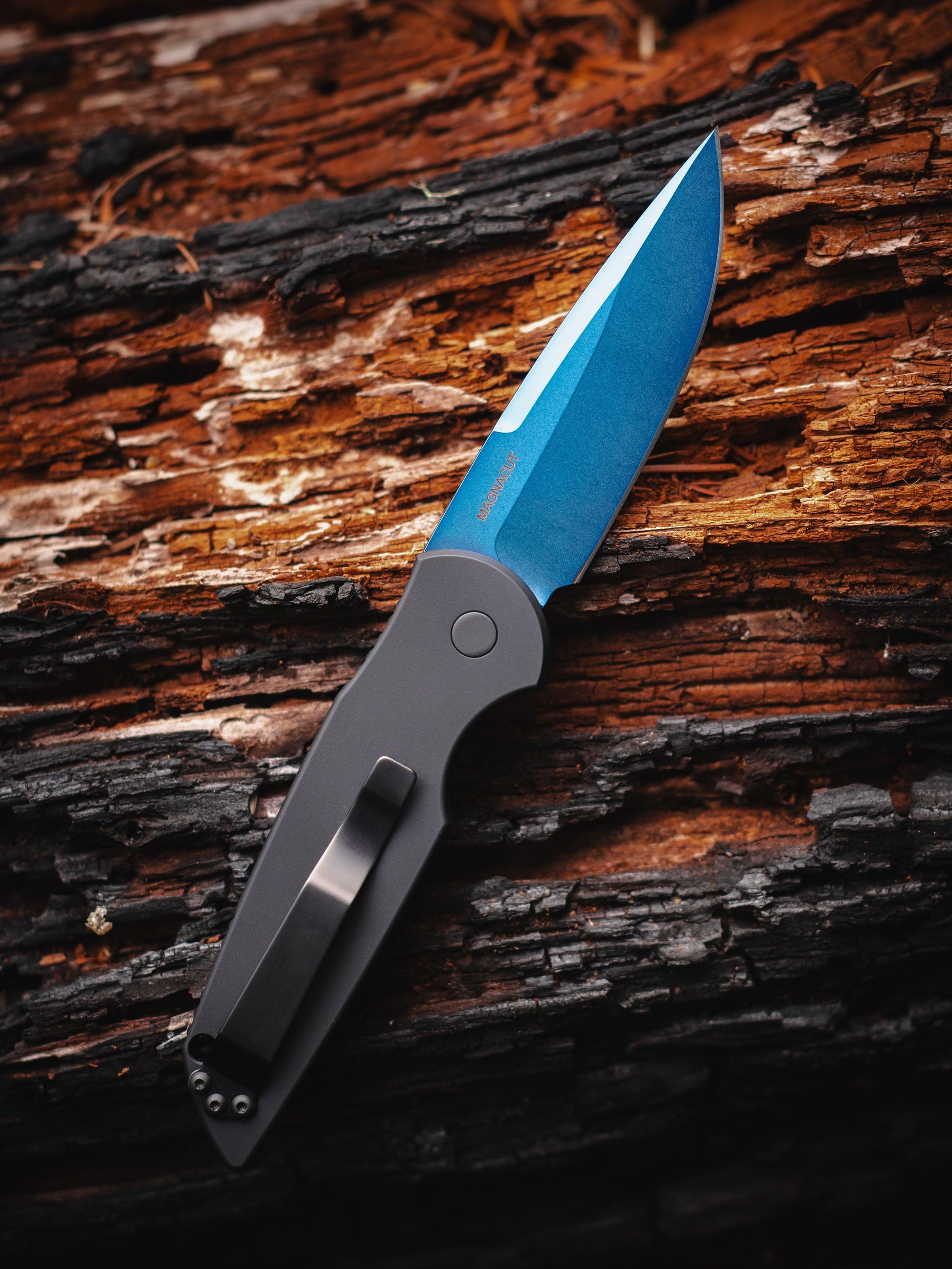 Pro-Tech-Pro-Tech TR-3.SB.MC TR-3 Tactical Response AUTO - Black w/ Groove Texture Handle - Sapphire MAGNACUT Blade - Abalone Button - All Black Hardware-3-Urban Cutlery