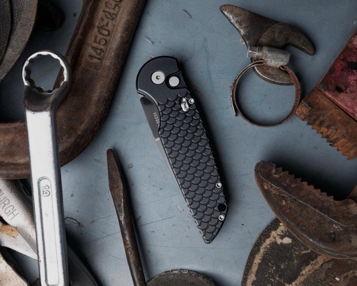 Pro-Tech-Pro-Tech TR-3.X1.M TR-3 AUTO - MILITARY ISSUE - Black "Fish Scale" Handle - Black 154cm Blade - Secondary Slide Safety-3-Urban Cutlery