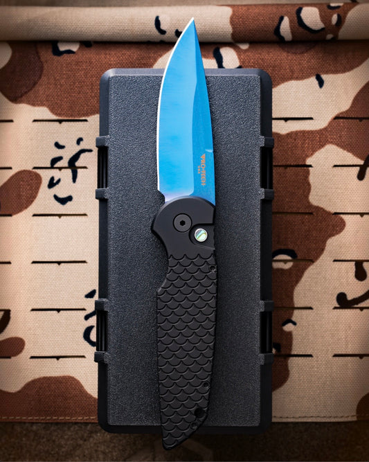 Pro-Tech-Pro-Tech TR-3.X1.SB TR-3 AUTO - Black "Fish Scale" Handle - Sapphire Blue 154cm Blade - Abalone Button - All Black Hardware-1-Urban Cutlery