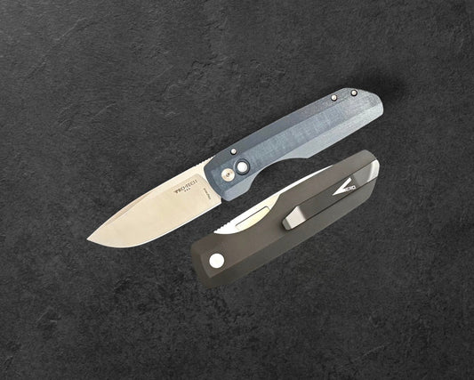 Pro-Tech-Pro-Tech VERO1210-LTD.BLUE.LINEN.MIC Vero Synapse Auto - Black Aluminum and Blue Linen Micarta Handle - Machine Satin Magnacut Blade - White Pearl Button - Satin Hardware - DLC Black Clip-1-Urban Cutlery