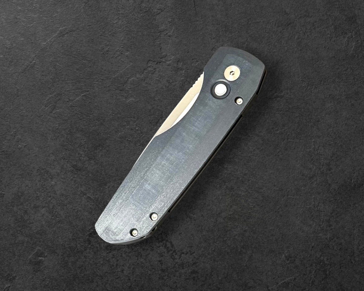 Pro-Tech-Pro-Tech VERO1210-LTD.BLUE.LINEN.MIC Vero Synapse Auto - Black Aluminum and Blue Linen Micarta Handle - Machine Satin Magnacut Blade - White Pearl Button - Satin Hardware - DLC Black Clip-5-Urban Cutlery