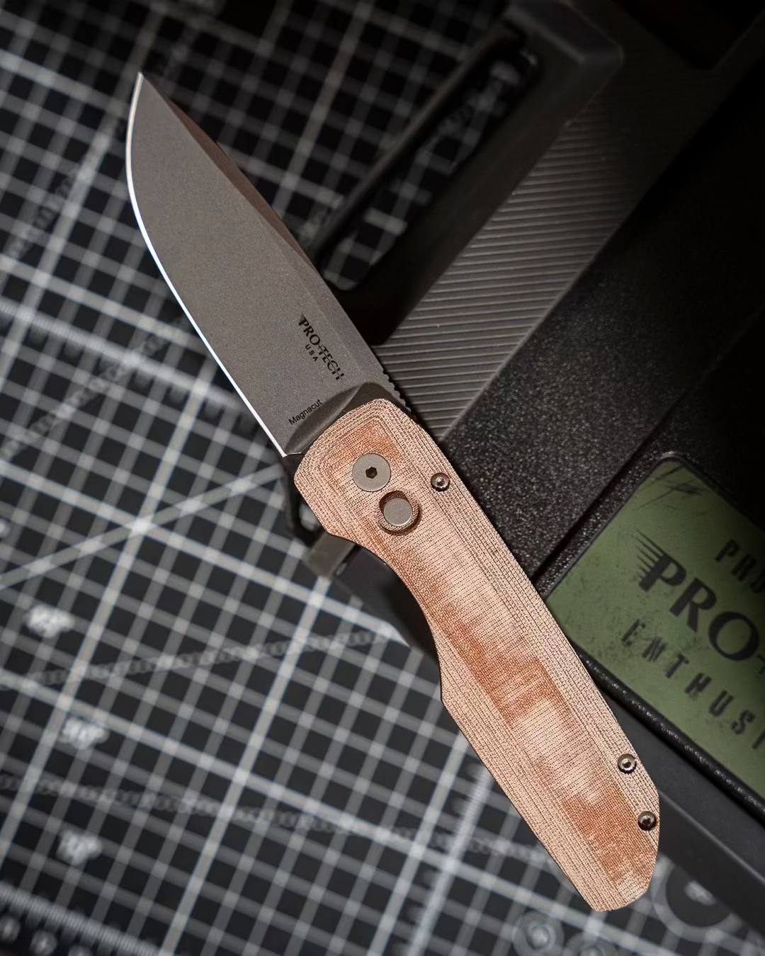 Pro-Tech-Pro-Tech VERO1211-NATURAL.Linen Vero Synapse Auto - Black Aluminum and Natural Linen Micarta Handle - Stonewash Magnacut Blade - Blasted Hardware - Machined Ti Clip-1-Urban Cutlery