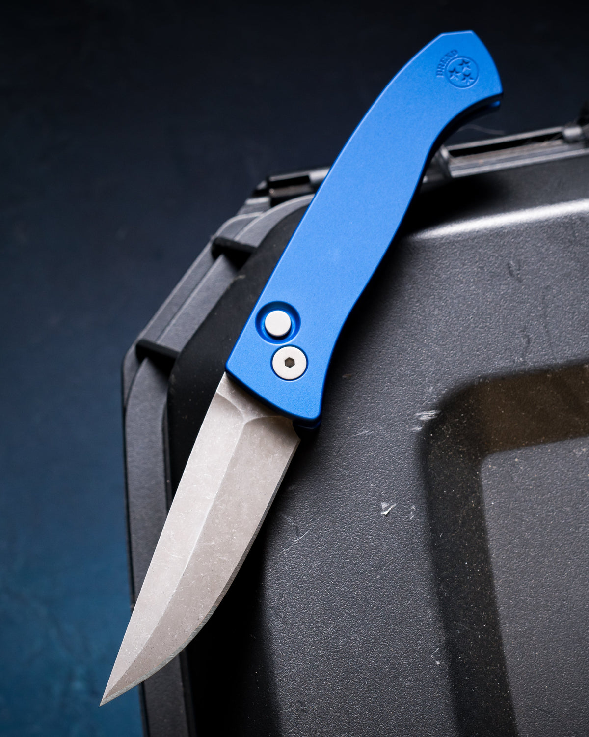 Pro-Tech-Pro-Tech WB1101.AW.Blue Brend Classic Auto - Blue Handles - Acid Washed Magnacut Blade - Blasted Hardware-1-Urban Cutlery
