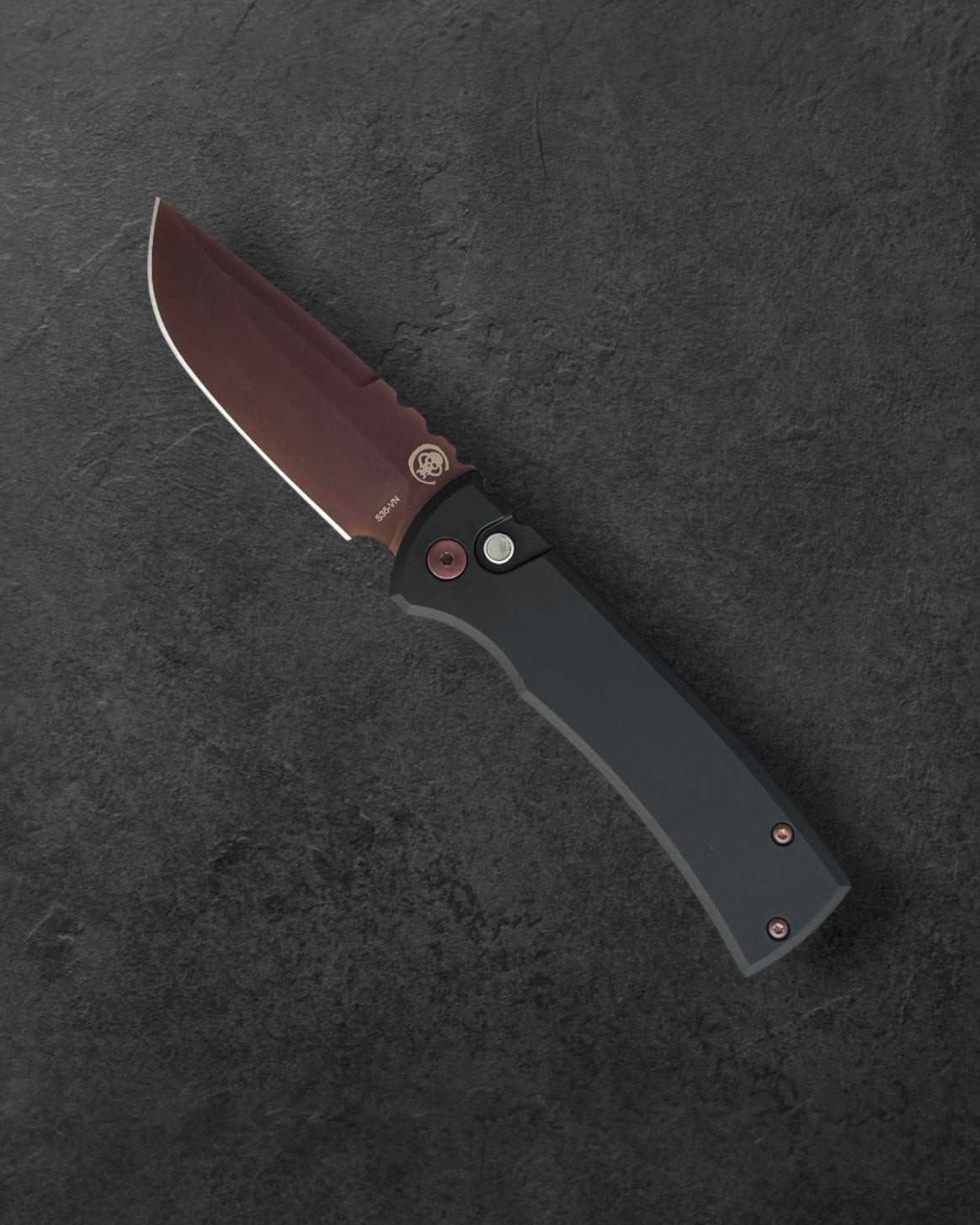 Pro-Tech-Pro-Tech x Chaves 229 Redencion AUTO - Black Handles - Copper Rose PVD Drop Point S35vn Blade - Black Lip Pearl Button - Matching Copper Rose Hardware and Steel Milled Skull Clip-1-Urban Cutlery