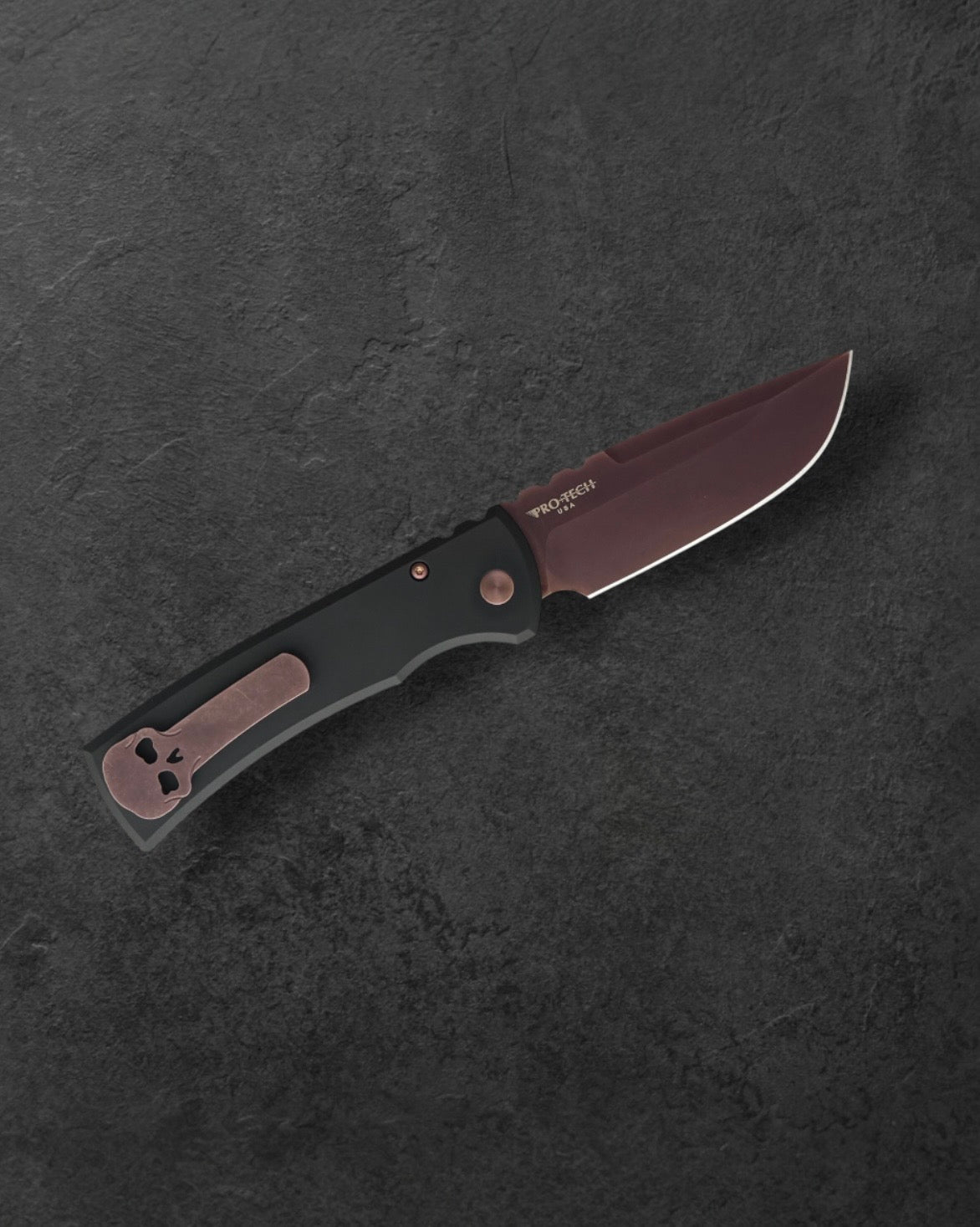 Pro-Tech-Pro-Tech x Chaves 229 Redencion AUTO - Black Handles - Copper Rose PVD Drop Point S35vn Blade - Black Lip Pearl Button - Matching Copper Rose Hardware and Steel Milled Skull Clip-2-Urban Cutlery