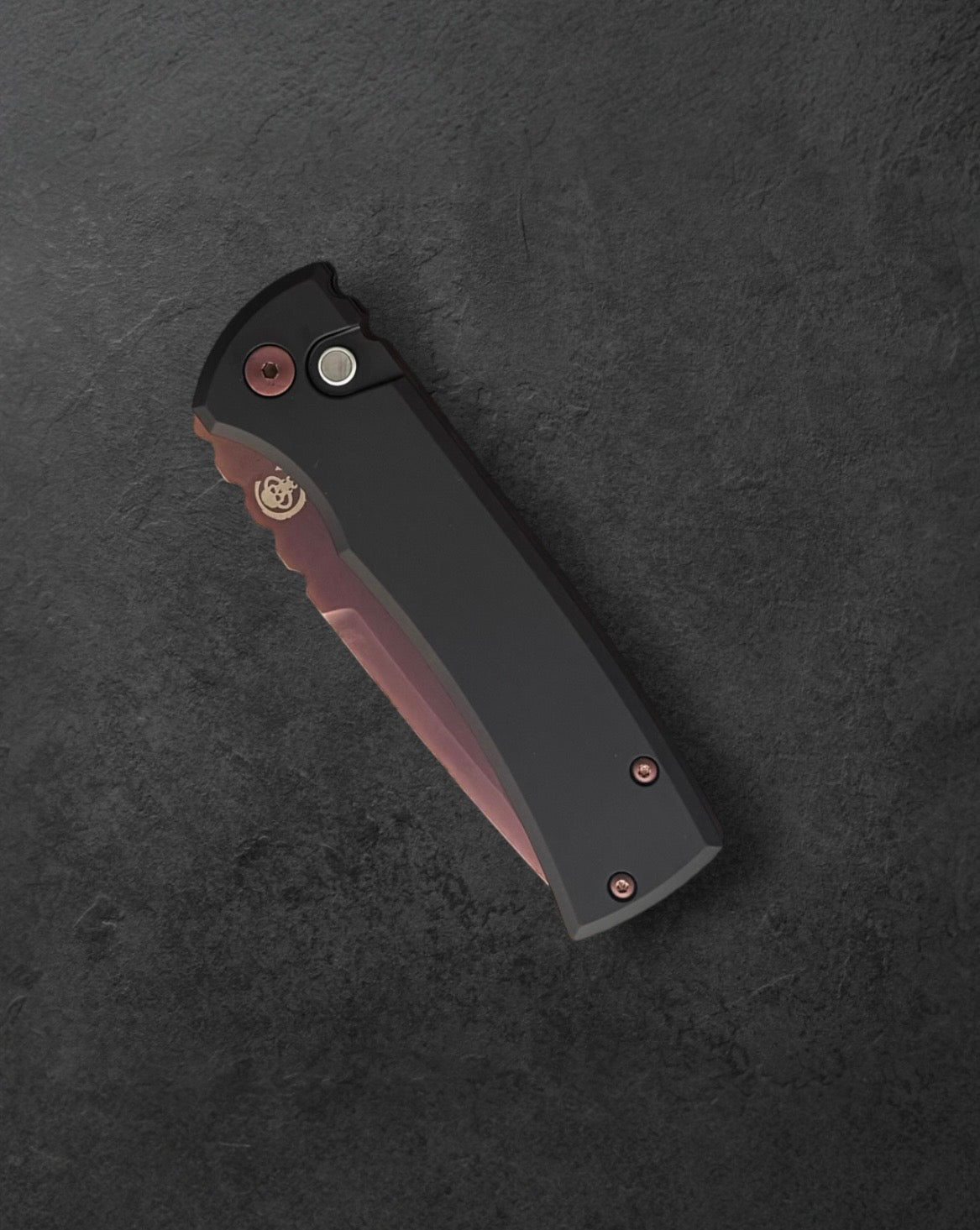 Pro-Tech-Pro-Tech x Chaves 229 Redencion AUTO - Black Handles - Copper Rose PVD Drop Point S35vn Blade - Black Lip Pearl Button - Matching Copper Rose Hardware and Steel Milled Skull Clip-3-Urban Cutlery